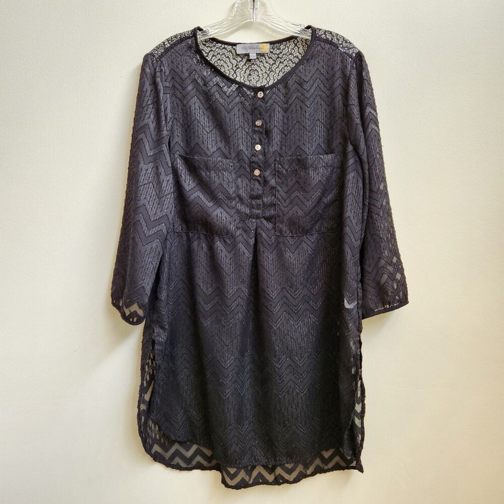 Figueroa & Flower Top Women XLarge Black 3/4 Lace Sleeve Inlay Tunic Button